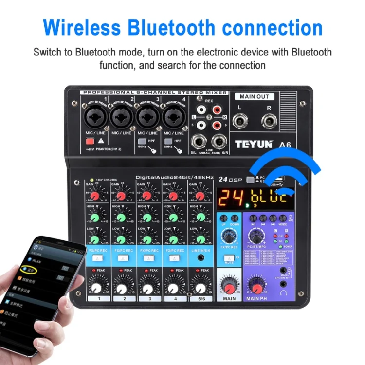TEYUN NA6 6-channel Small Mixing Console Mobile Phone Sound Card Live Broadcast Computer Recording Console Processor, EU Plug(Black) - Image 5