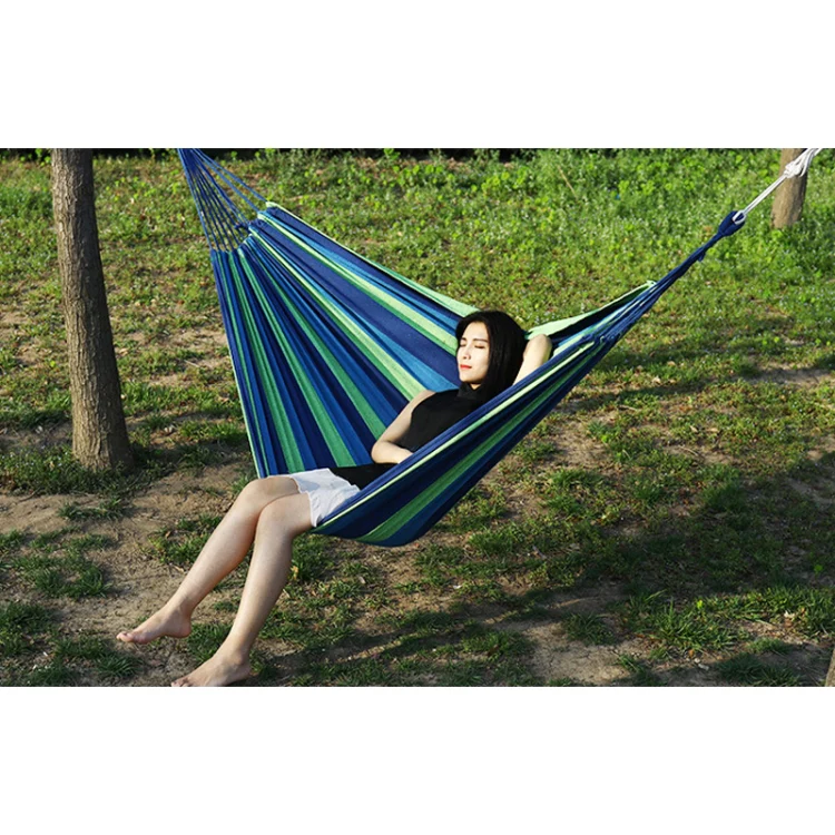 Thick Canvas Hammock Field Rollover Prevention Outdoor Hammock Swing 260x100 With Stick (Blue Stripes) - Image 6