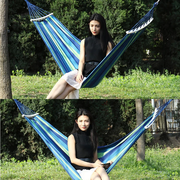 Thick Canvas Hammock Field Rollover Prevention Outdoor  Hammock Swing  260x150 With Stick (Blue Stripes) - Image 2