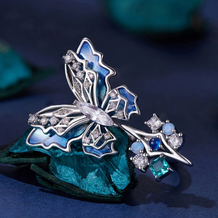 Three-Dimensional Gradient Ice And Snow Butterfly Open Ring Copper Adjustable Retro Ring(YIR247-E) - Image 2