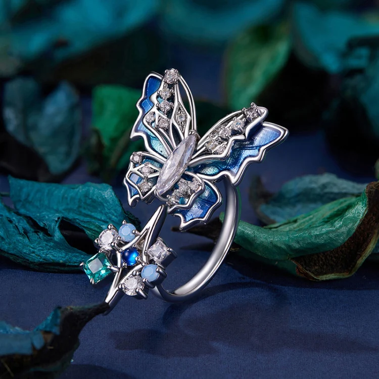Three-Dimensional Gradient Ice And Snow Butterfly Open Ring Copper Adjustable Retro Ring(YIR247-E) - Image 3