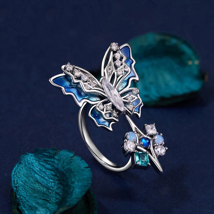 Three-Dimensional Gradient Ice And Snow Butterfly Open Ring Copper Adjustable Retro Ring(YIR247-E) - Image 4
