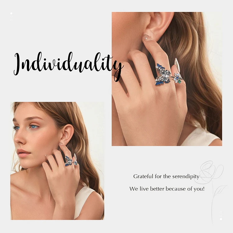 Three-Dimensional Gradient Ice And Snow Butterfly Open Ring Copper Adjustable Retro Ring(YIR247-E) - Image 6
