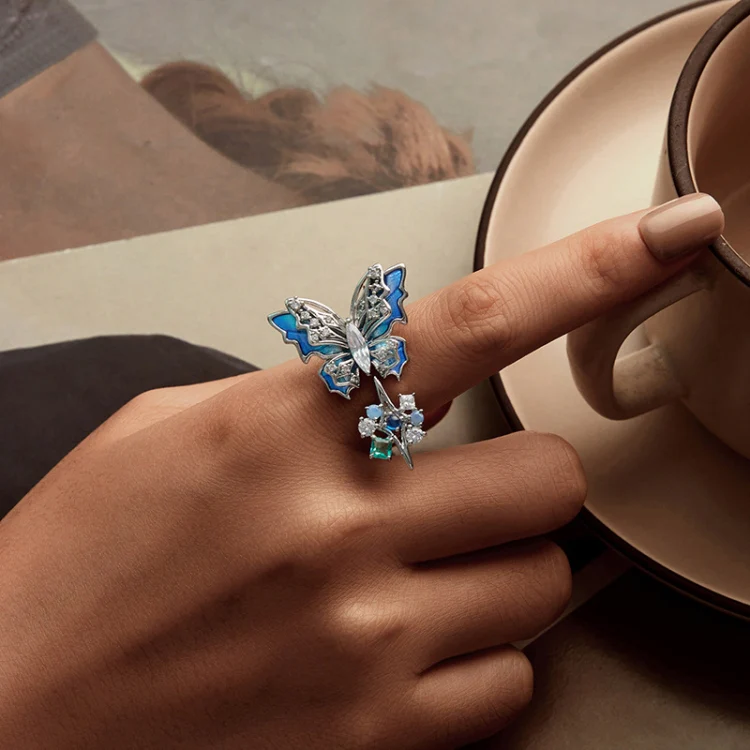 Three-Dimensional Gradient Ice And Snow Butterfly Open Ring Copper Adjustable Retro Ring(YIR247-E) - Image 8