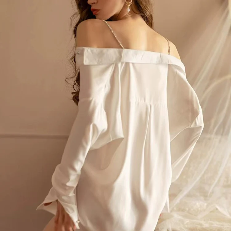 Transparent Chiffon Sexy Shirt Off-shoulder Suspender Nightdress, Free Size(Black) - Image 4