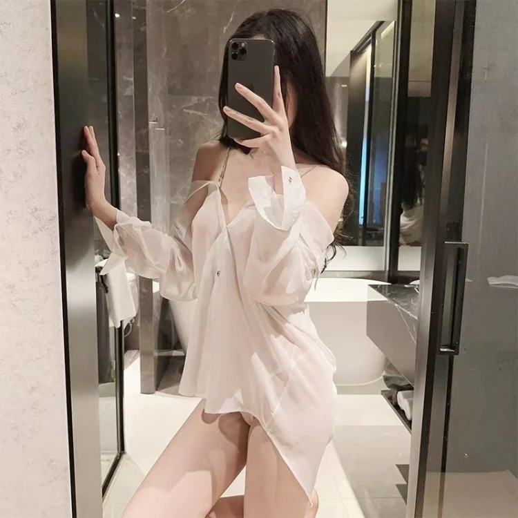 Transparent Chiffon Sexy Shirt Off-shoulder Suspender Nightdress, Free Size(White)