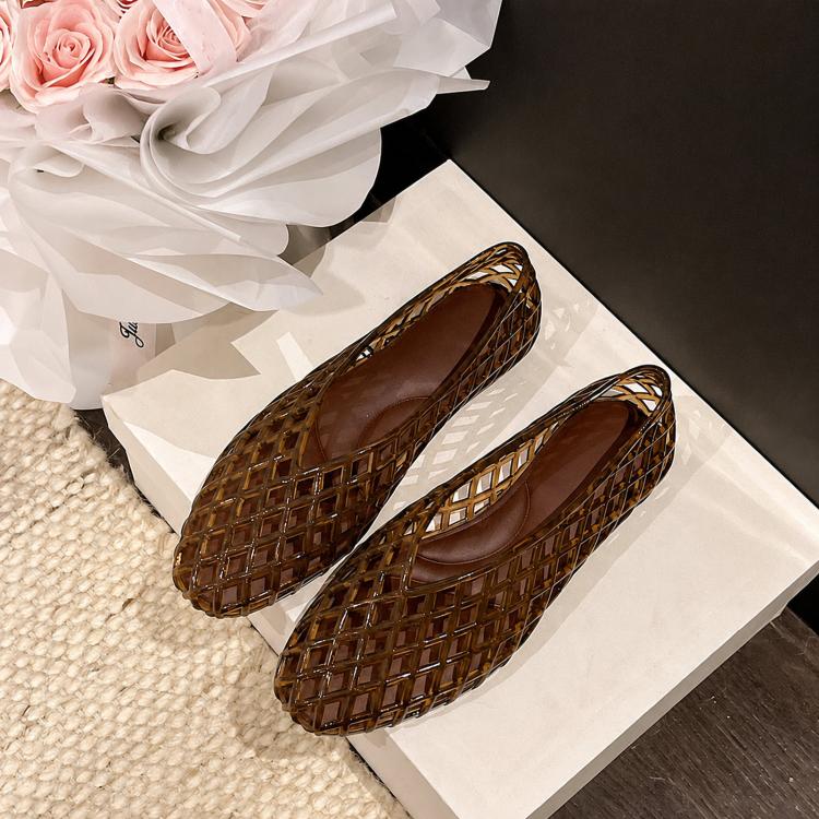 Transparent Jelly Crystal Toe-Cap Flat Hollow Sandals Breathable comfortable Shoes, Size: 40(Brown)
