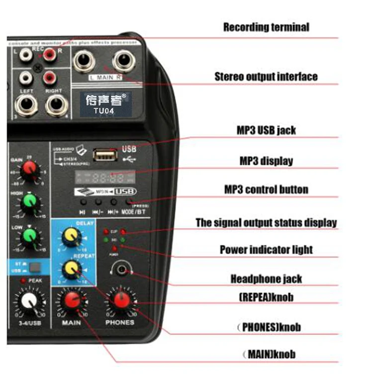 TU04 BT Sound Mixing Console Record 48V Phantom Power Monitor AUX Paths Plus Effects 4 Channels Audio Mixer with USB(Black) - Image 11