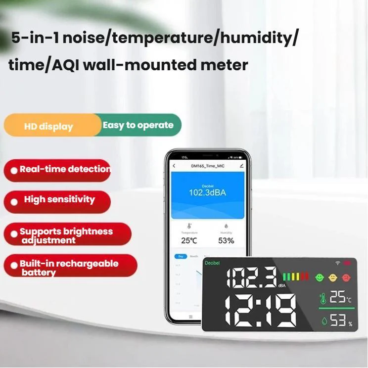 Tuya Smart 5-in-1 Wall-Mounted Noise Decibel Meter With Temperature, Humidity and Time Display, Spec: BASIC-C - Image 2