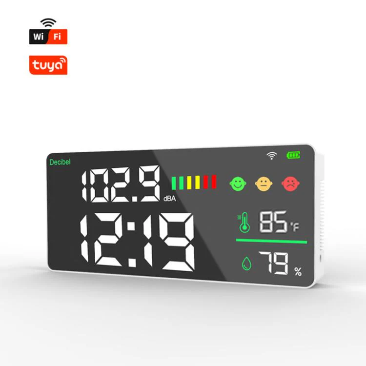 Tuya Smart 5-in-1 Wall-Mounted Noise Decibel Meter With Temperature, Humidity and Time Display, Spec: BASIC-F