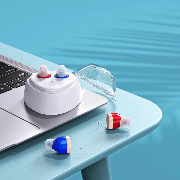 Ultra-Compact In-Ear Invisible Hearing Amplifier With Charging Case For Elderly(Red Blue+White Case) - Image 2
