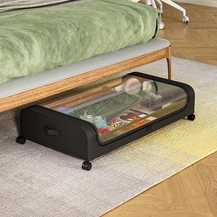 Underbed Storage Containers With Wheels Rolling Under Bed Organizer With Clear Lid(Curved Black)