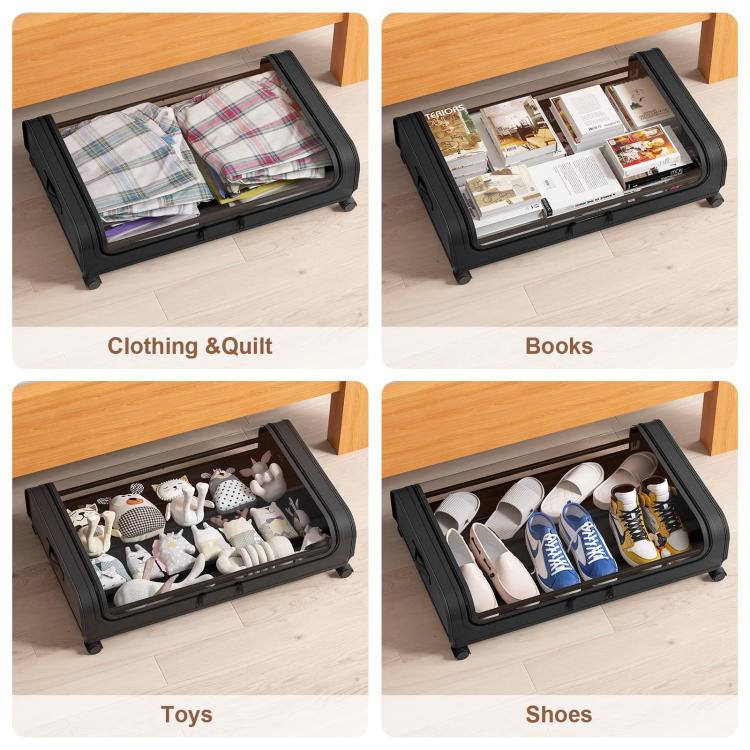 Underbed Storage Containers With Wheels Rolling Under Bed Organizer With Clear Lid(Curved Black) - Image 6
