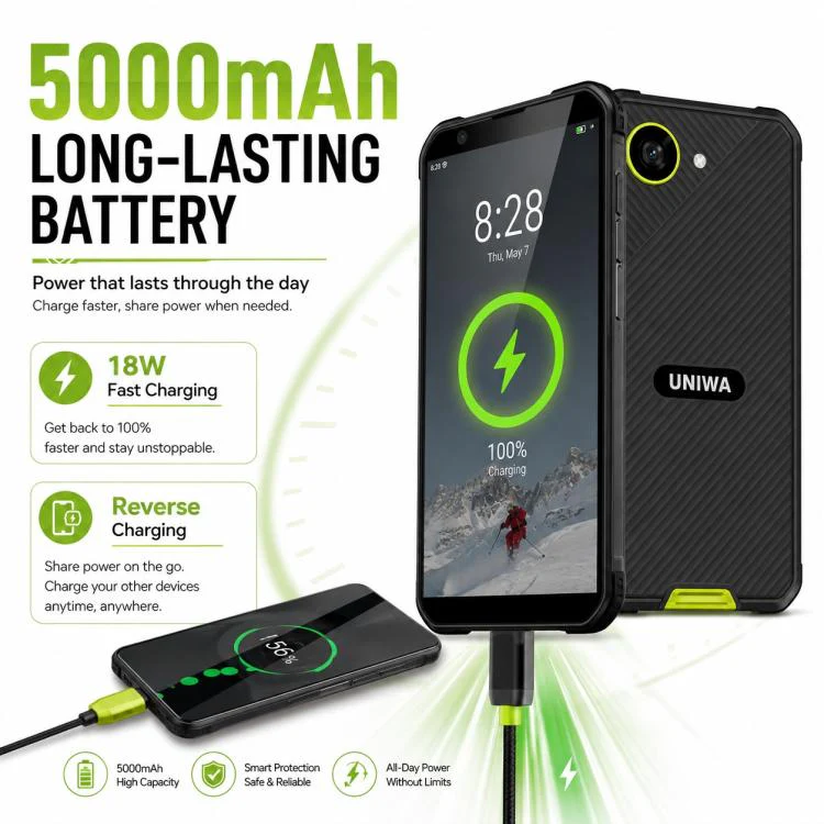 UNIWA F999 Rugged Phone, 4GB+64GB, 5.33 inch Android 16.0 Unisoc T615 UMS9230E Octa Core, PTT Button, Network: 4G, NFC, Plug:US Plug(Black Green) - Image 8