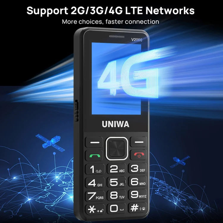 UNIWA V2000 Elder Keypad Phone, 2.4 inch Unisoc T107, 1700mAh Battery, LED Flashlight, SOS, Network: 4G, EU Plug (Black) - Image 4