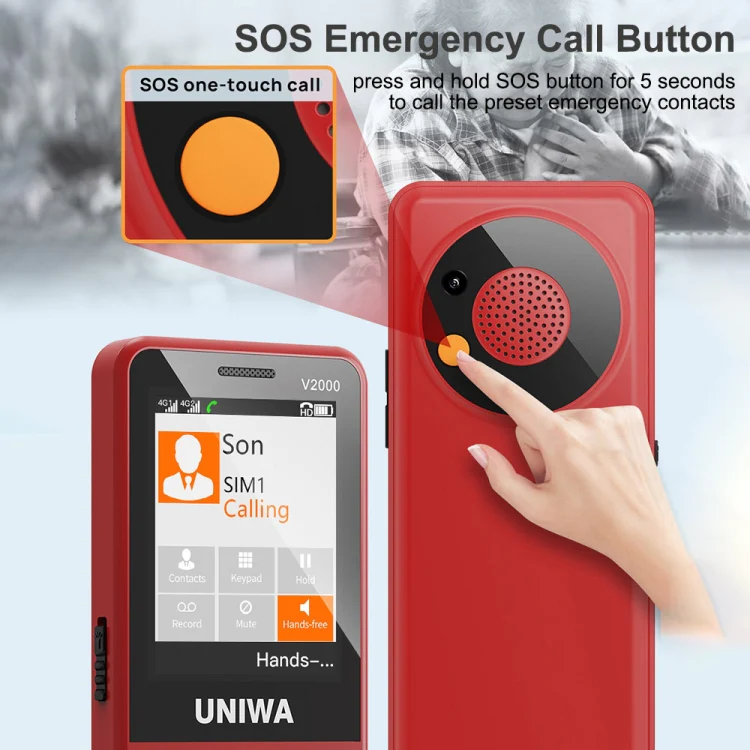 UNIWA V2000 Elder Keypad Phone, 2.4 inch Unisoc T107, 1700mAh Battery, LED Flashlight, SOS, Network: 4G, US Plug (Red) - Image 11
