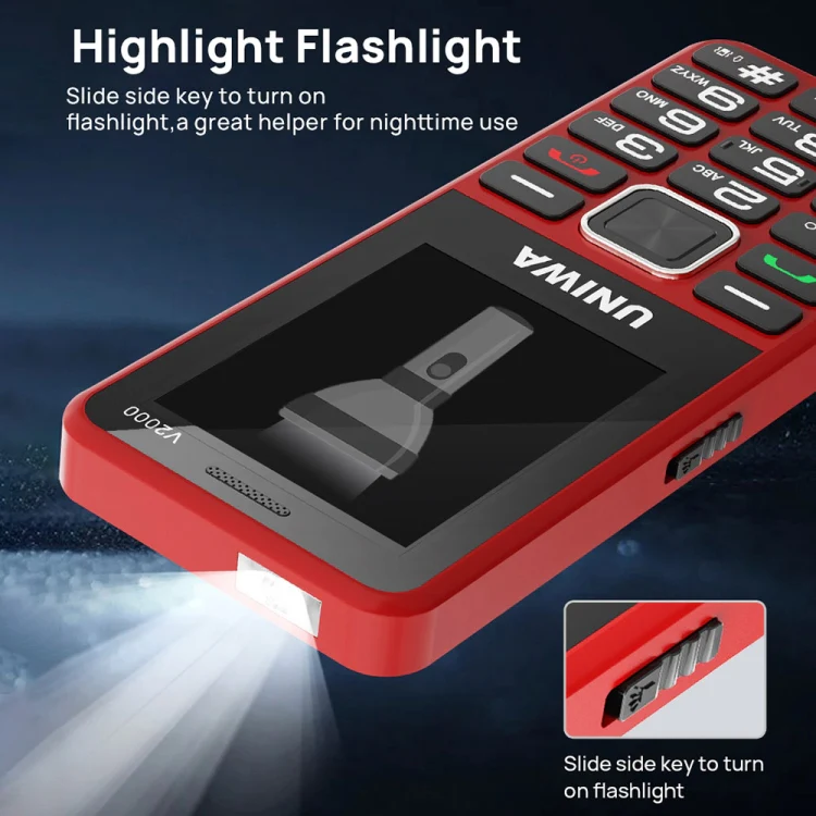 UNIWA V2000 Elder Keypad Phone, 2.4 inch Unisoc T107, 1700mAh Battery, LED Flashlight, SOS, Network: 4G, US Plug (Red) - Image 8