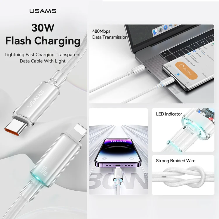 USAMS Type-C To 8 Pin Aluminum Alloy Clear LED 30W PD Fast Charge Data Cable, Length:1.2m(White) - Image 2