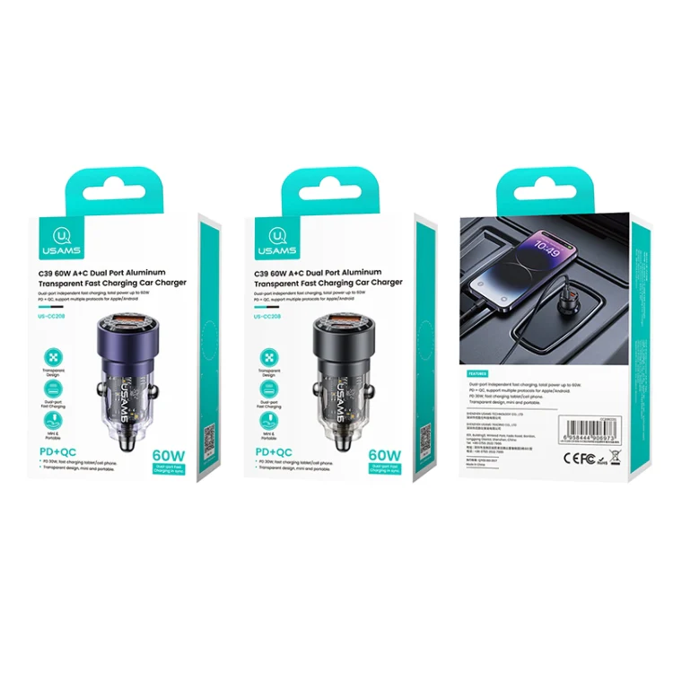 USAMS US-CC208 C39 60W USB + Type-C Dual Port Fast Charging Aluminum Alloy Transparent Car Charger(Black) - Image 9