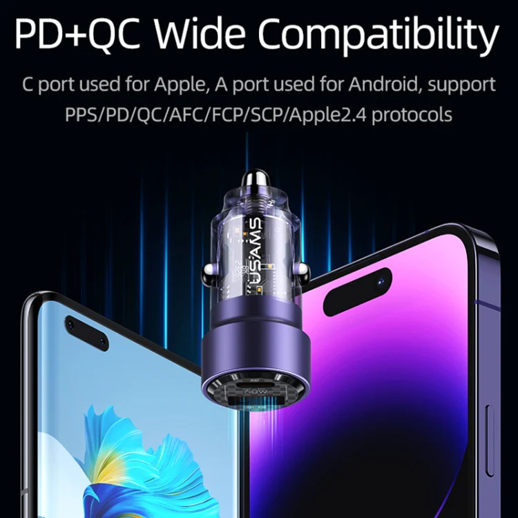 USAMS US-CC208 C39 60W USB + Type-C Dual Port Fast Charging Aluminum Alloy Transparent Car Charger(Purple) - Image 4