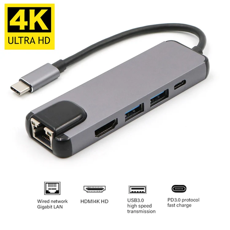 USB-C/Type-C to HD 4K HDMI + RJ45 + USB 3.0 + USB 2.0 + PD 5 in 1 HUB Converter - Image 3