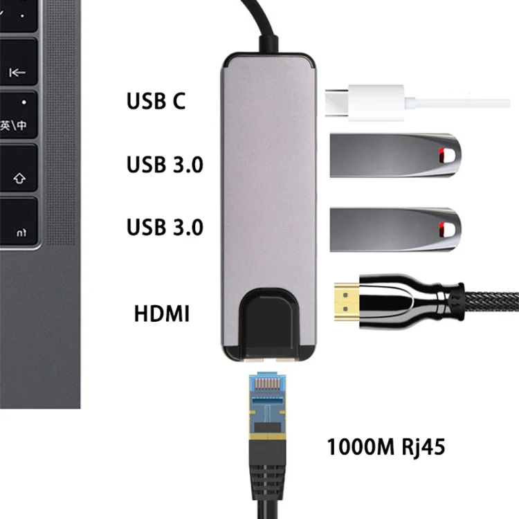 USB-C/Type-C to HD 4K HDMI + RJ45 + USB 3.0 + USB 2.0 + PD 5 in 1 HUB Converter - Image 5