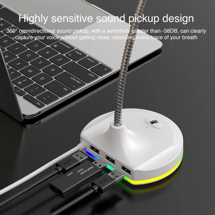 USB Multi-function Microphone RGB Light Built-in Sound Card(White) - Image 6