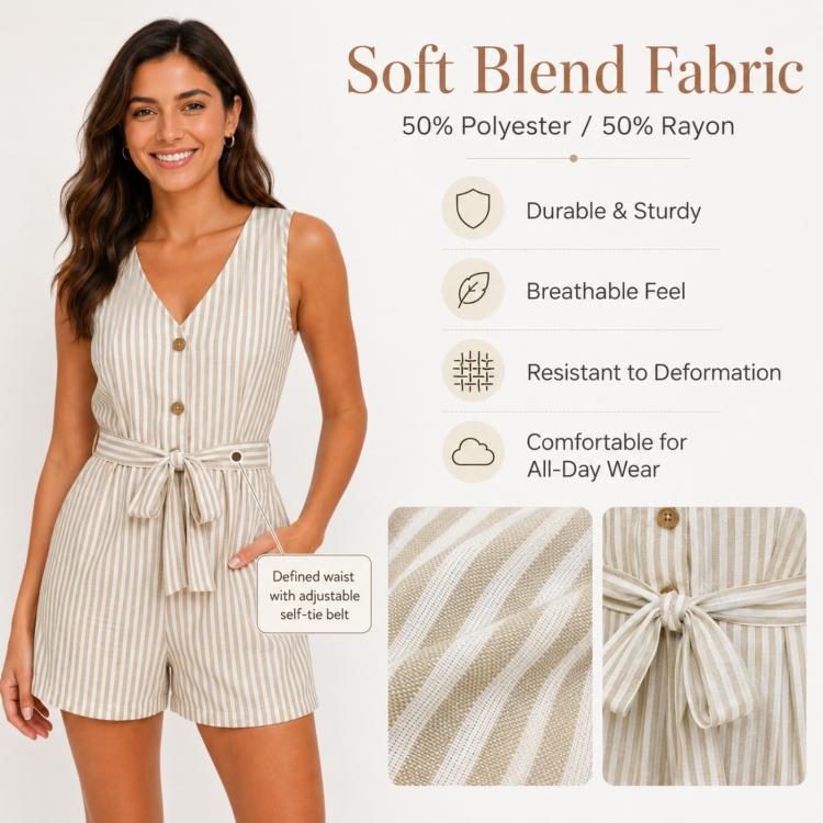 V-Neck Sleeveless Striped Jumpsuit Shorts, Size: L(Light Blue) - Image 4