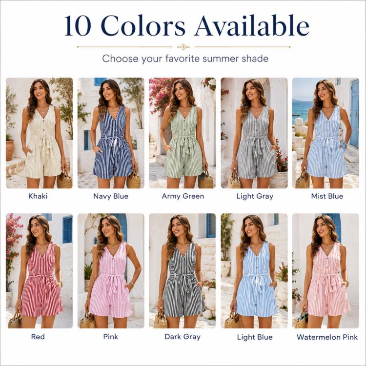 V-Neck Sleeveless Striped Jumpsuit Shorts, Size: XL(Dusty Blue) - Image 2