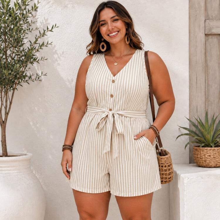 V-Neck Sleeveless Striped Jumpsuit Shorts, Size: XL(Khaki)
