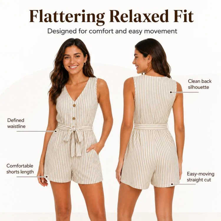 V-Neck Sleeveless Striped Jumpsuit Shorts, Size: XL(Khaki) - Image 5