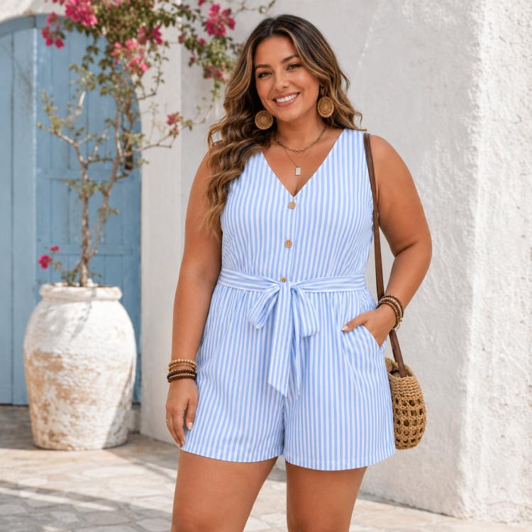 V-Neck Sleeveless Striped Jumpsuit Shorts, Size: XL(Light Blue)