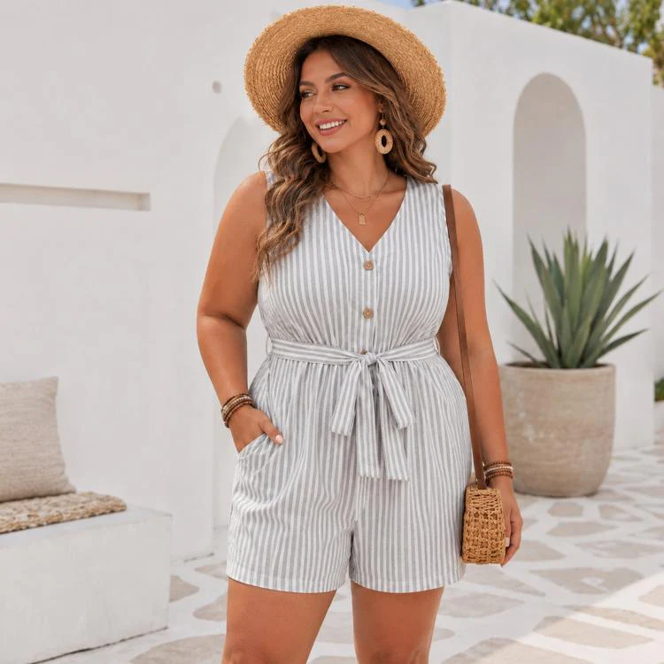 V-Neck Sleeveless Striped Jumpsuit Shorts, Size: XL(Light Gray)