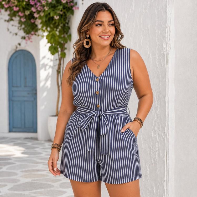 V-Neck Sleeveless Striped Jumpsuit Shorts, Size: XL(Navy Blue)