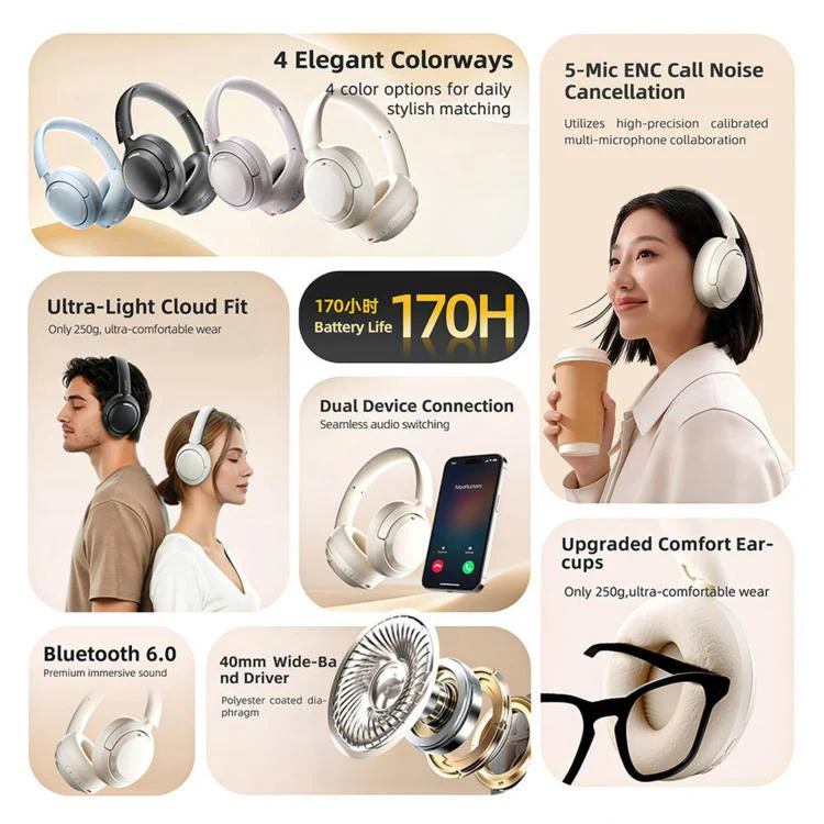 V10 Over-Ear Active Noise Reduction Wireless Bluetooth Headset(Beige) - Image 5