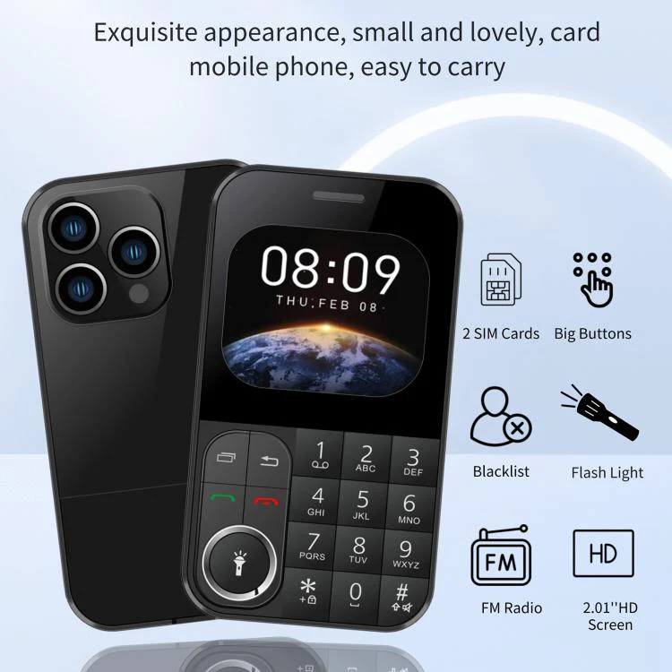 V9 Card Mobile Phone, 2.01 inch, MTK6261D, Support Bluetooth, FM, Torch, GSM, Dual SIM (Black) - Image 2