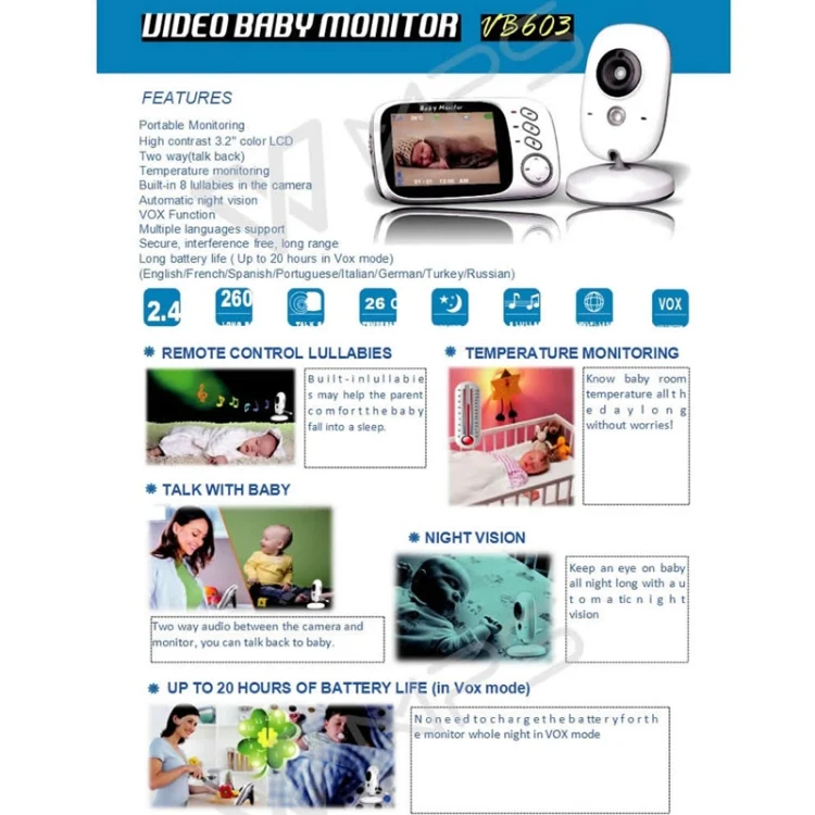 VB603 3.2 inch LCD 2.4GHz Wireless Surveillance Camera Baby Monitor, Support Two Way Talk Back, Night Vision(White) - Image 11