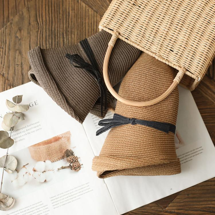 Vintage Straw Sun Hat for Women Foldable Retro Cloche Hat with Ribbon Bow Adjustable Summer Beach Cap(Black) - Image 3