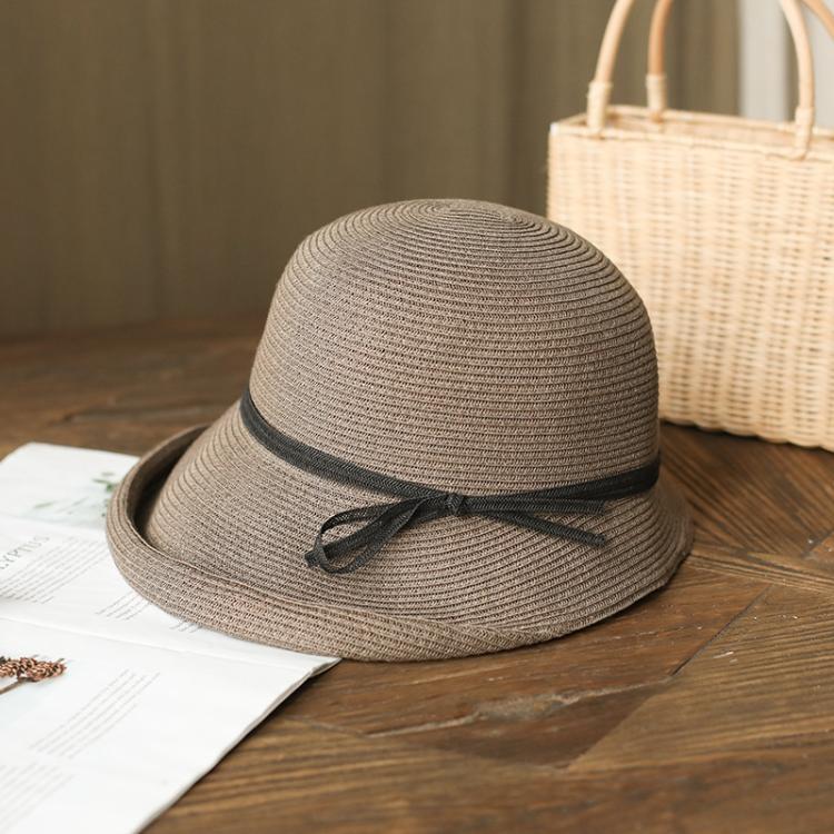 Vintage Straw Sun Hat for Women Foldable Retro Cloche Hat with Ribbon Bow Adjustable Summer Beach Cap(Grey Coffee)