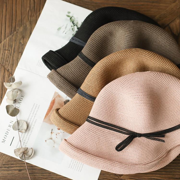 Vintage Straw Sun Hat for Women Foldable Retro Cloche Hat with Ribbon Bow Adjustable Summer Beach Cap(Grey Coffee) - Image 2