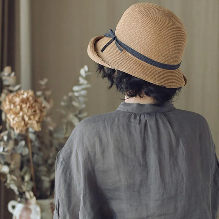 Vintage Straw Sun Hat for Women Foldable Retro Cloche Hat with Ribbon Bow Adjustable Summer Beach Cap(Grey Coffee) - Image 5