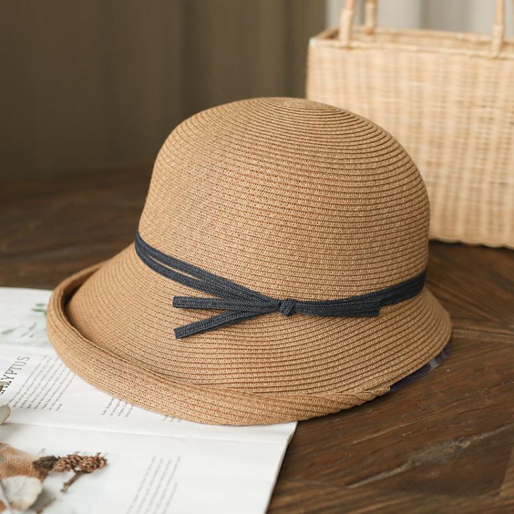 Vintage Straw Sun Hat for Women Foldable Retro Cloche Hat with Ribbon Bow Adjustable Summer Beach Cap(Hazelnut Yellow)