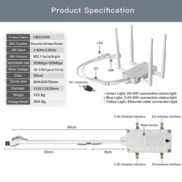 VONETS VBG1200 300Mbps+900Mbps Dual Band Wireless Router Repeater WIFI Base Station with 4 Antennas - Image 8