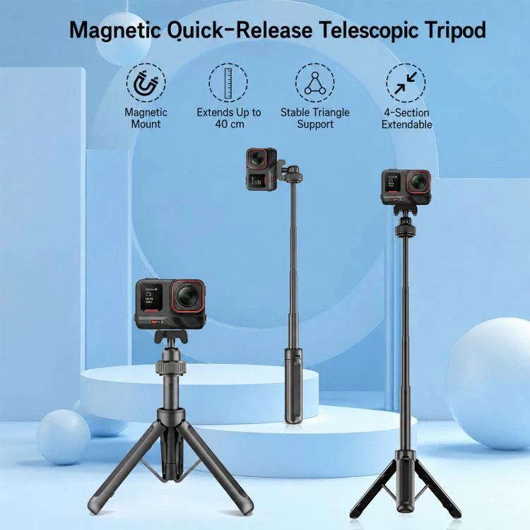 VT-10 Magnetic Tabletop Tripod Telescopic BallHead Selfie Stick for DJI, Insta360, GoPro and Other Action Cameras (Black) - Image 3