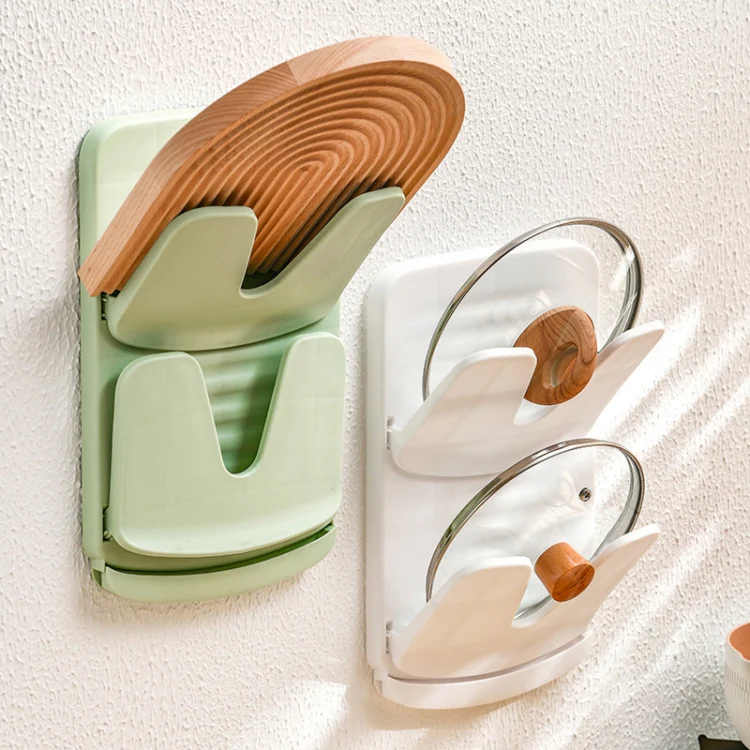 Wall Mounted Pot Lid Holder Kitchen Double Layer Multifunctional Folding Rack(Green) - Image 10