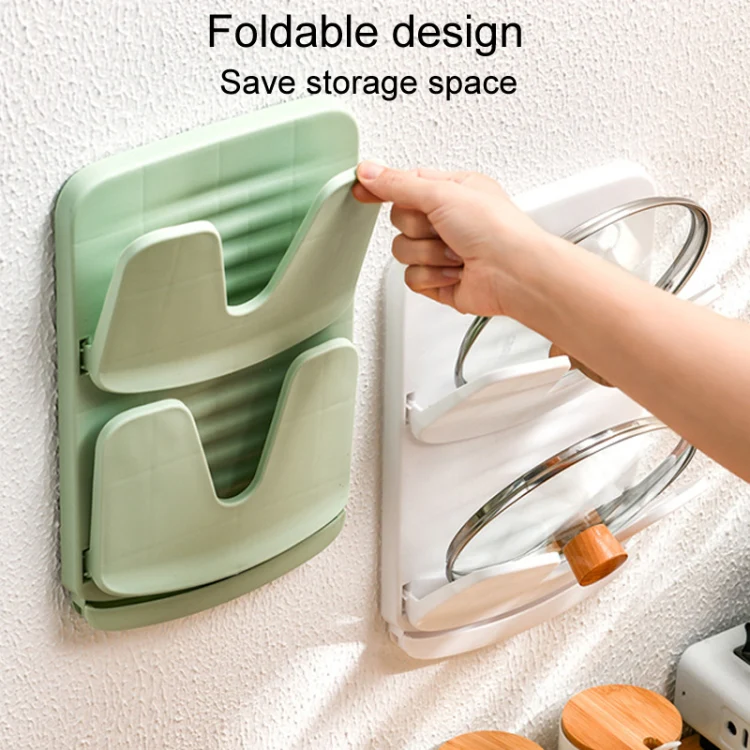 Wall Mounted Pot Lid Holder Kitchen Double Layer Multifunctional Folding Rack(Green) - Image 5