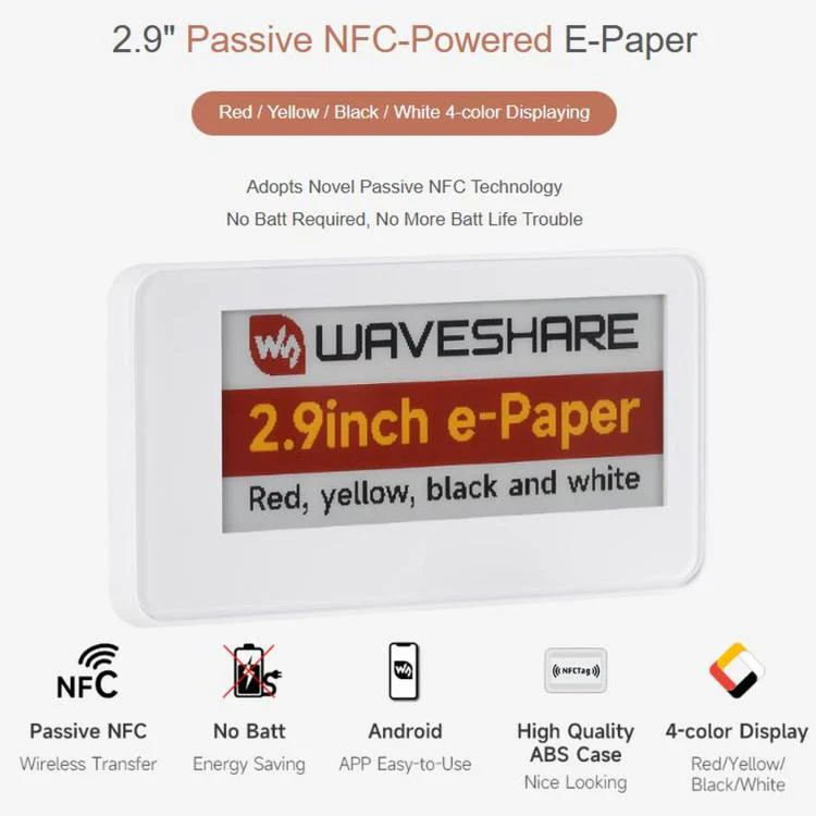 WAVESHARE 2.9 Inch Passive NFC-Powered E-Paper (G), Red / Yellow / Black / White 4-Color Displaying, Wireless Powering & Refreshing - Image 2