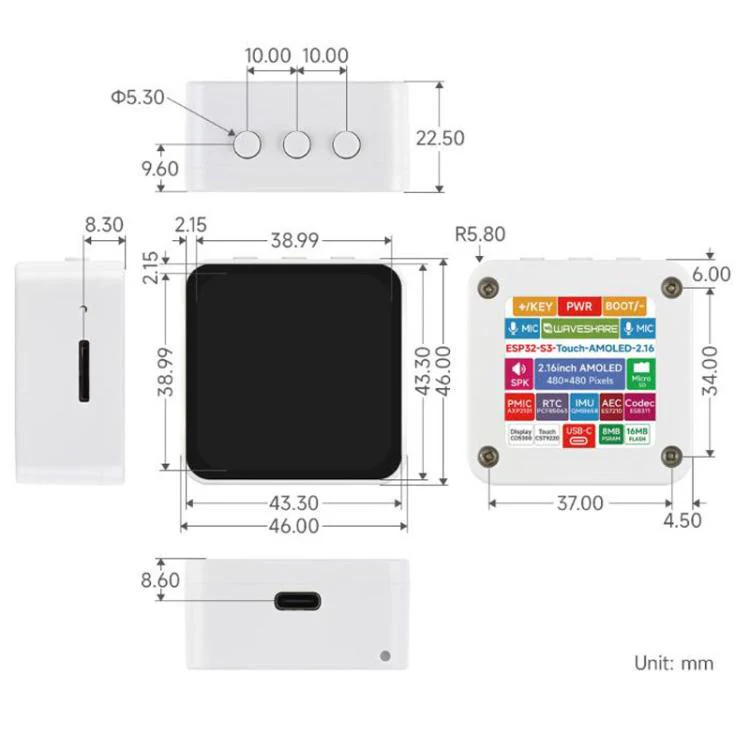 Waveshare 33970 ESP32-S3 2.16 Inch AMOLED Display Development Board, Supports Dual Microphones, 2.4GHz Wi-Fi And BLE 5 No Battery - Image 8