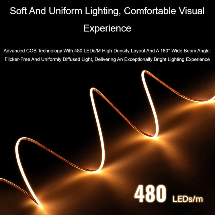 Waveshare 4000K DC 12V 5m 480 LEDs/m Single-Color COB Soft Light Strip No Light Spots Supports Free Cutting 4mm Width - Image 3