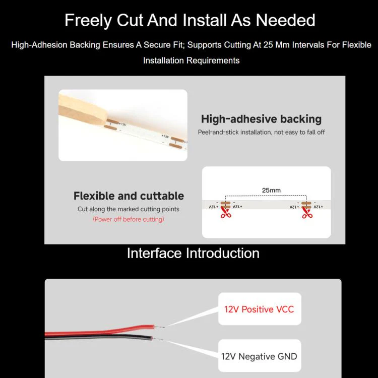 Waveshare 4000K DC 12V 5m 480 LEDs/m Single-Color COB Soft Light Strip No Light Spots Supports Free Cutting 4mm Width - Image 7